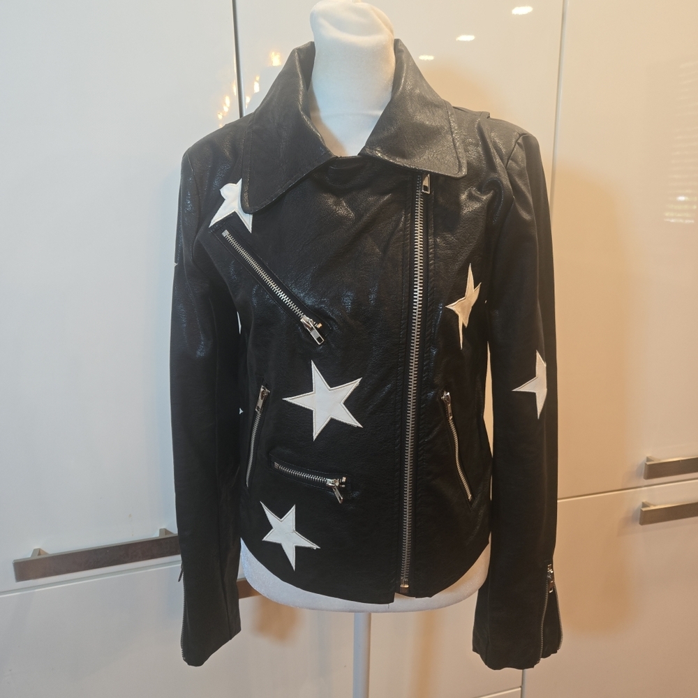 Olivaceous Black Leather Jacket with White Stars - Picture 2 of 13